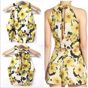 J.O.A Yellow Flower Crop Top Open Back and Shorts Set